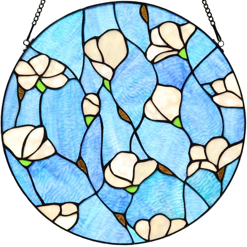 Bieye W10063 Magnolia Flower Tiffany Style Stained Glass Window Panel with Chain, Round Shape, 16-inch Wide - Image 1
